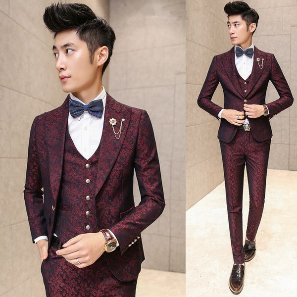 

mens suit with pants burgundy floral jacquard wedding suits for men slim fit 3 pieces / set (jacket+vest+pants, White;black