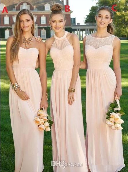 

flesh pink chiffon long bridesmaid dresses 3 styles floor length a-line pleats elegant simple style wedding prom gowns selling b90, Blue;red