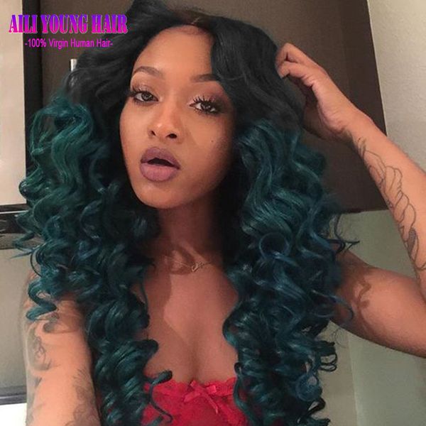T1b Dark Green Human Hair Wigs Ombre Brazilian Virgin Full Lace Wigs Loose Deep Wave Lace Front U Part Wig For Black Women Canada 2019 From