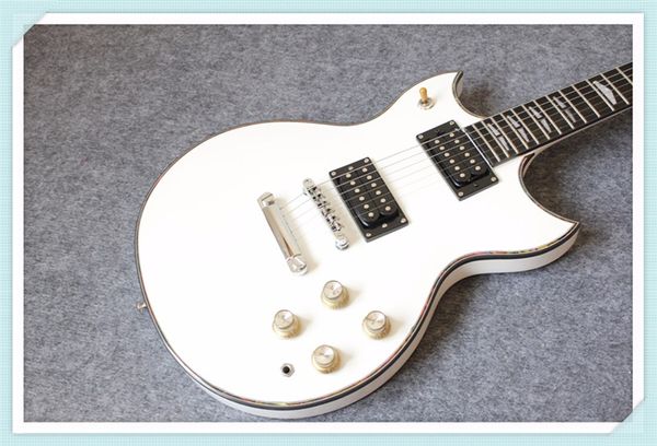 Loja Personalizada YMH SG Cutaway Double Guitarra Elétrica Branco Abalone Corpo Encadernando Empurrão / Pull Pot Gold Hardware