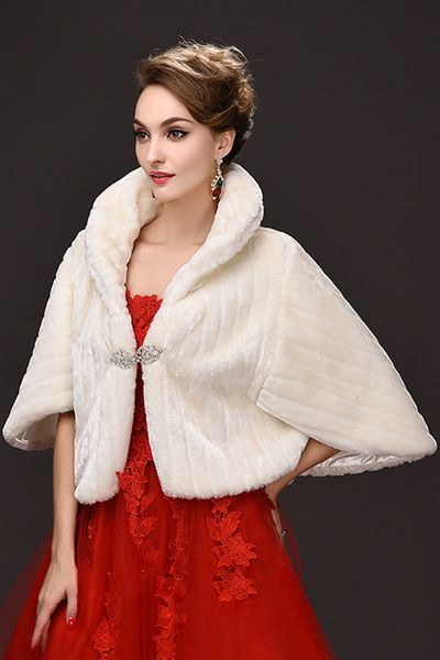 

ivory faux fur bridal wrap winter wedding dress jacket shawl marriage shrug coat party boleros with crystal brooch, White