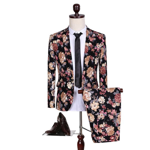 

wholesale- spring/autumn british two piece suit men's leisure flower print vintage blazer jacket+floral dress pants sets male slim suit, White;black