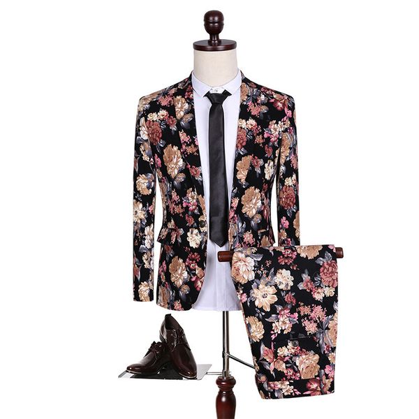 Atacado - Primavera / Outono Britânica Dois Peça Terno Men's Flor de Lazer Impressão Vintage Blazer Jaqueta + Calças de Vestido Floral Sets Masculino Slim Ternits