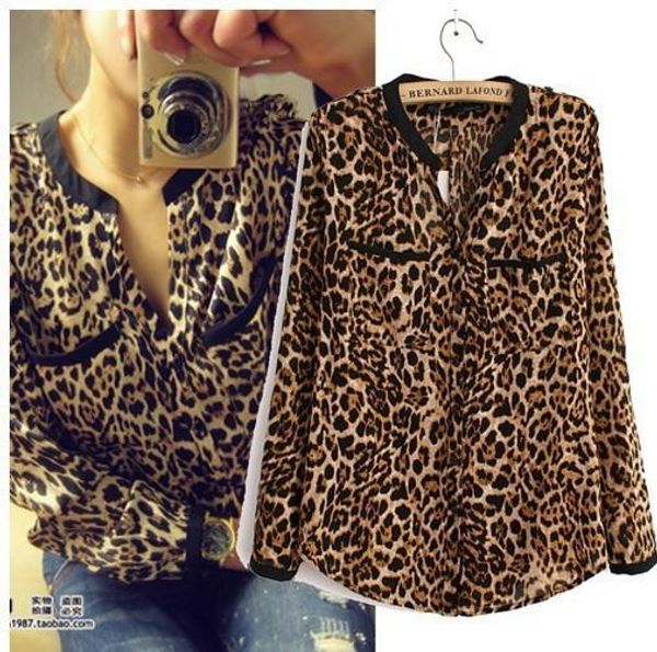 

Мода блузки рубашки женщины дикий леопард печати шифон блузка леди сексуальная с
