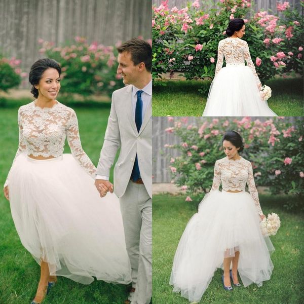 

2017 новый сексуальный sheer длинные рукава из двух частей кружева пляж свадебные платья высокий низкий тюль летний пляж чешский дешевые на, White