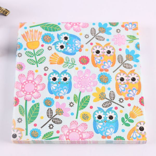 

wholesale- 20pcs/pack 2-layer 33x33cm kids birthday owl paper napkins wedding decoupage tissue napkin party table decoration
