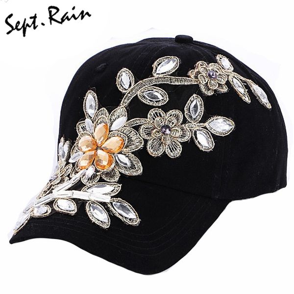 

wholesale- [sept.rain] the most 2017 new fashion adjustable women diamond flower baseball cap summer style lady jeans hats, Blue;gray
