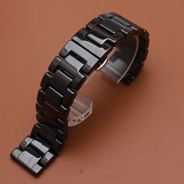 Bracelete polido pulseira pulseira de relógio brilhante com fivela dobrável implantação preto cerâmica legal para relógios inteligentes engrenagem s2 s3 relógios de pulso