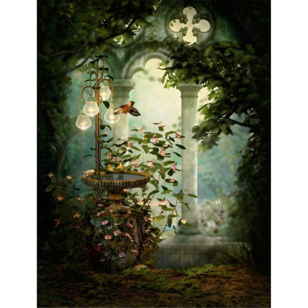 Vintage-Schlossgarten-Fotografie-Hintergrund, Steinpavillon, Baum, rosa Blumen, Vögel, Laternen, Outdoor, malerische Kinder, Hochzeit, Fotohintergrund