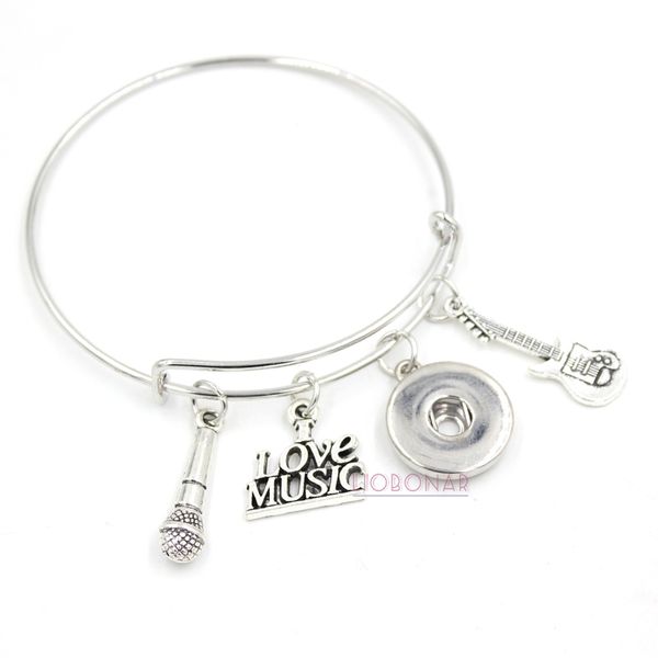 Großhandel Snap-Schmuck „Ich liebe Musik“-Armband, Gitarrenmikrofon, erweiterbarer Armreif, Gitarrenmikrofon-Druckknopf-Armbänder für Musiker-Geschenke