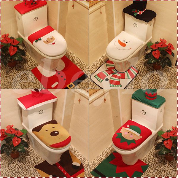 4 Styles Cheap 2016 Merry Christmas Decoration Santa Elk Elf Toilet Seat Cover Rug Hotel Bathroom