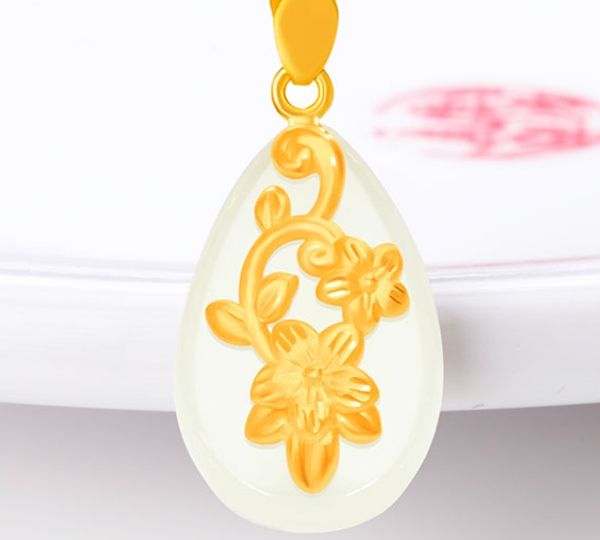 Золото инкрустированные нефрит пузырь образный счастливый кулон цветок сливы ожерелье кулон (пункт 2)