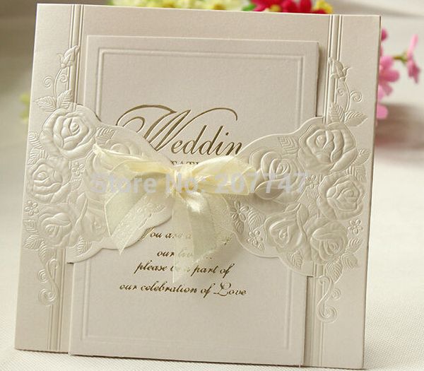 

wholesale- set of 100 ivory embossed rosette rose flower wedding invitation with organza bows party invite wedding cards