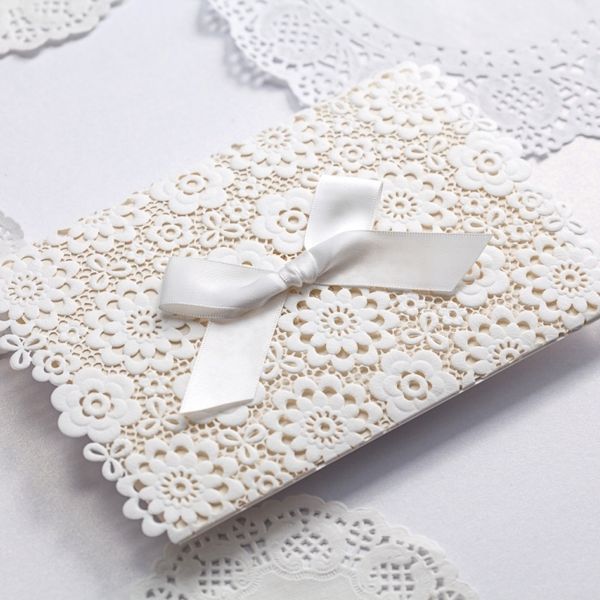 

wholesale- lace wedding invitations elegant embossed white ribbon butterfly envelope paper printing custom wedding invitation cards cw5059