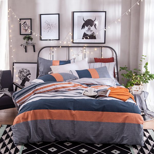 2020 Gray Orange Navy Blue And White Stripe Duvet Cover Sets Queen