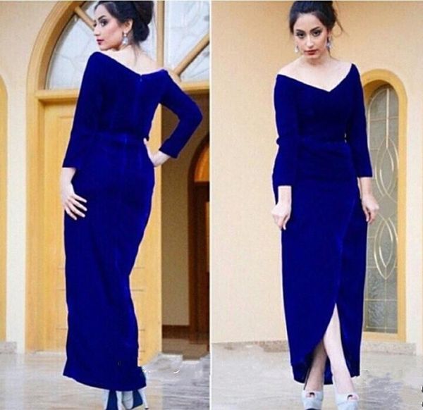 

2017 royal blue velvet off the shoulder mother of the bride dresses long sleeve evening dress side split prom dresses arabic custom made, Black;red
