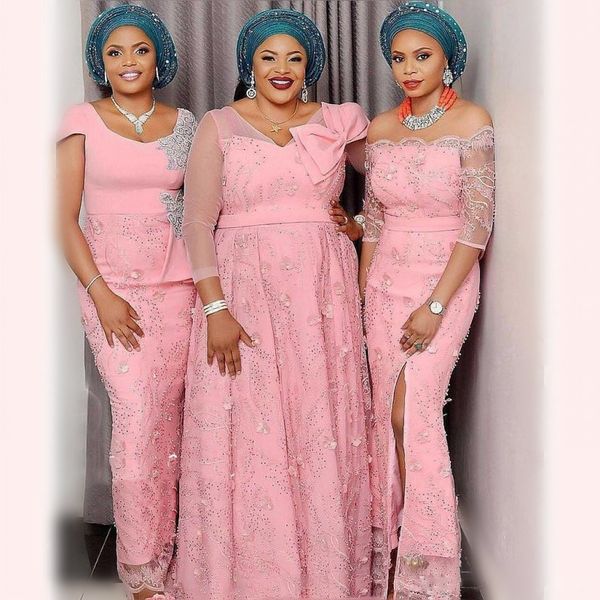 

luxury african 3 styles bridesmaid dresses for wedding plus size lace appliques sheer long sleeves maid of honor gowns floor length vestidos, White;pink