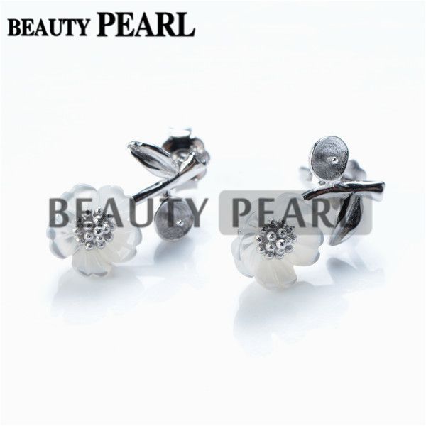 Perlenohrring-Fassungen, weiße Muschelblume mit Blatt-Ohrring, Halbfassung, 925er Silber, 5 Paar