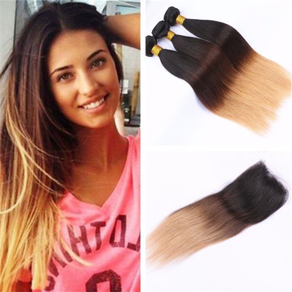 Three Tone Ombre Lace Closure With Bundles 1b 4 27 Honey Blonde