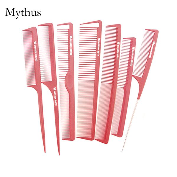 7pcs / Lot Red Professional Salon corte Comb Fibra de Carbono corte do cabelo Comb Define cabeleireiro Styling cauda Comb VS-7