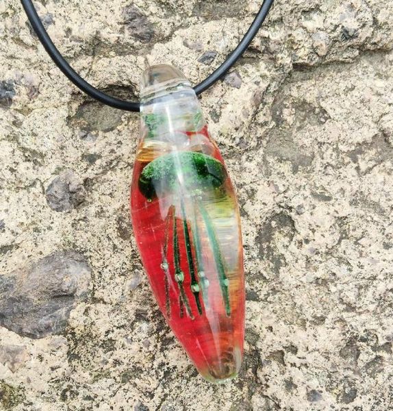 

vintage green jellyfish hand blown drop style glass necklace, Silver