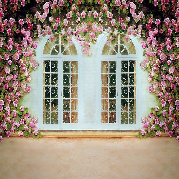 Weiße Fenster, rosa Blumen, Wand, Hochzeit, Fotokabine, Hintergrund, romantische Fotografie-Hintergründe, Outdoor-Studio, fotografische Hintergründe, 3 x 3 m