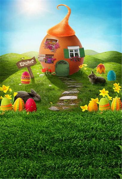 Märchenhaus-Hintergründe, Frühlingsgrasland, fröhlicher Ostertag, bunte Eier, graue Kaninchen, Kinder, Baby, Neugeborene, Fotografie-Studio-Hintergrund