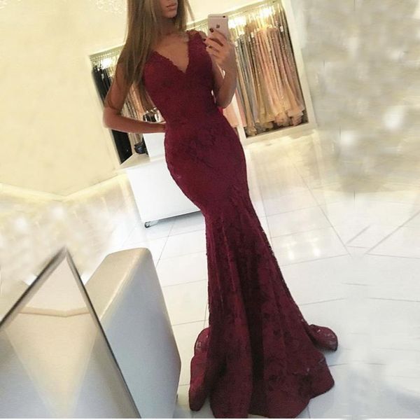 

dark red 2017 new full lace mermaid evening dresses v neck sleeveless lace prom dresses vintage special occasion wear custom made, Black;red