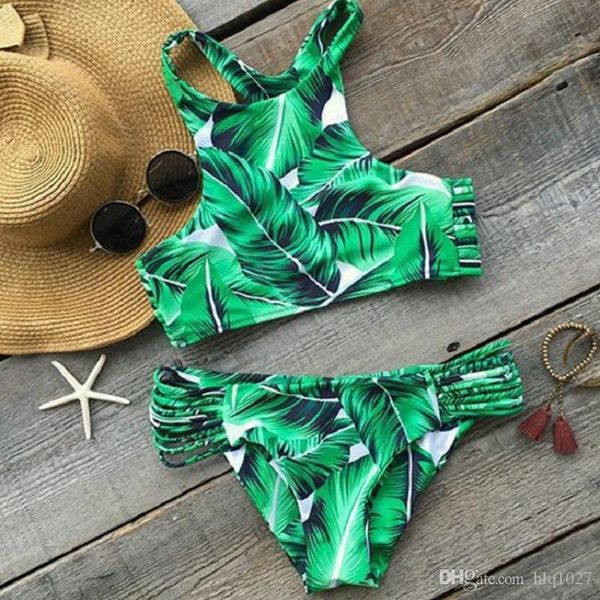 Hot Alto pescoço Biquinis Mulheres Swimwear Impresso Folha Verde Bandage Bagi Swimsuit Bikini Conjunto de Banhos Brasil Brasil Biquinis Frete Grátis