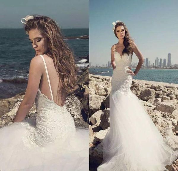 

spaghetti backless beach wedding dresses applique lace julie vino bridal gowns sweep train tulle wedding dress, White