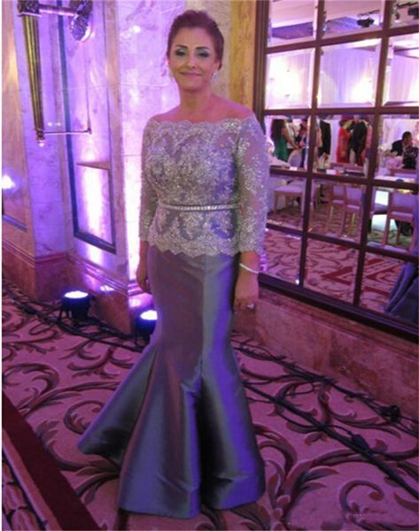 

Charming Silver Mermaid Mother of the Bride Dresses Lace Crystal Plus Size Wedding Gust Evening Dress for women Evening Dress