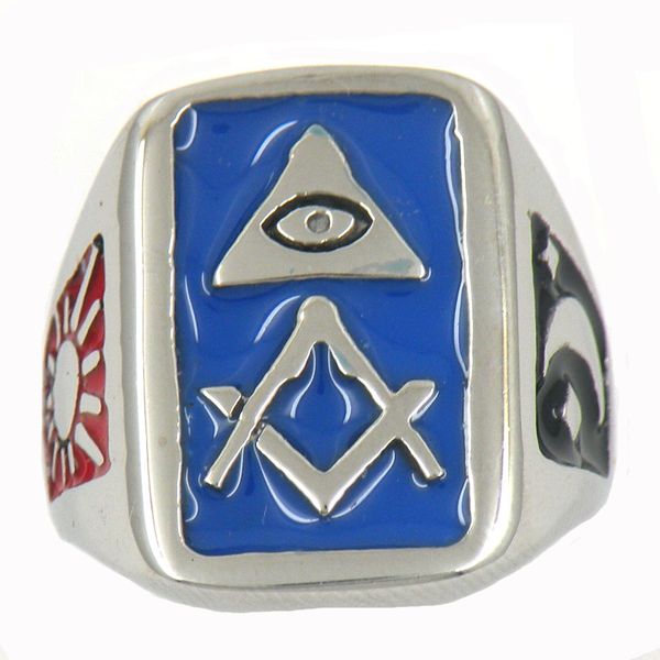 

fanssteel stainless steel mens or wemens jewelry masonary all seeing eye with moon and sun square ruler masonic ring gift 11w74bl, Silver