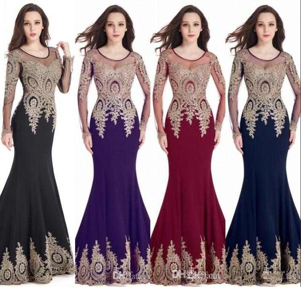 

burgundy long evening dresses lace long sleeves party prom gowns scoop sheer neckline mermaid gold appliques robe de soiree cps404, Black;red