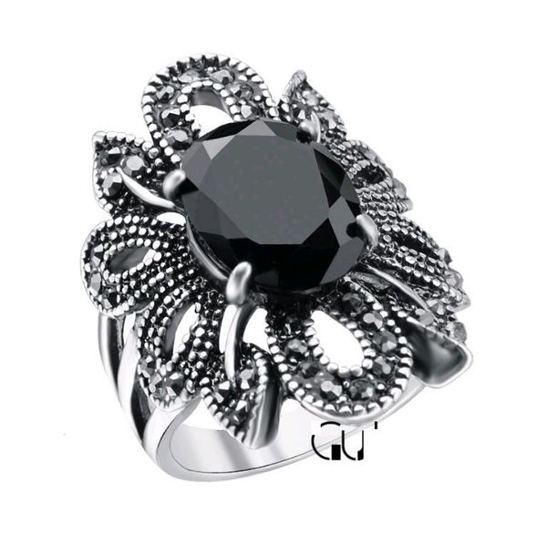 

retro cluster ring antique silver 925 plated black stone resin crystals hollow flower style rings jewelry for women low price, Golden;silver