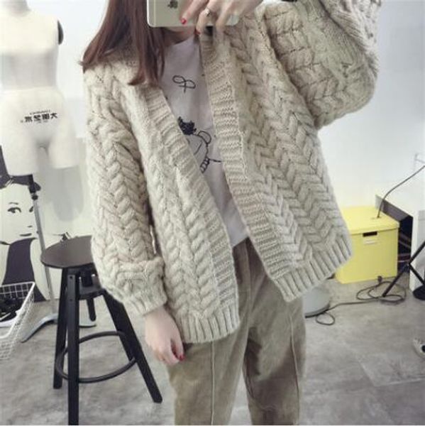 

brief paragraph sweater female twist han edition student joker retro knit cardigan sweaters coat loose spring autumn and winter, Tan;black