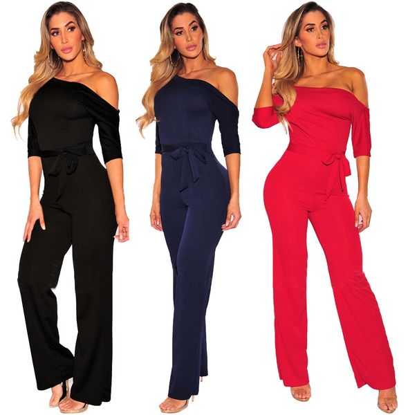 

plus size off shoulder jumpsuits rompers women bodycon clubwear slash neck wide leg loose long pants ladies overalls, Black;white
