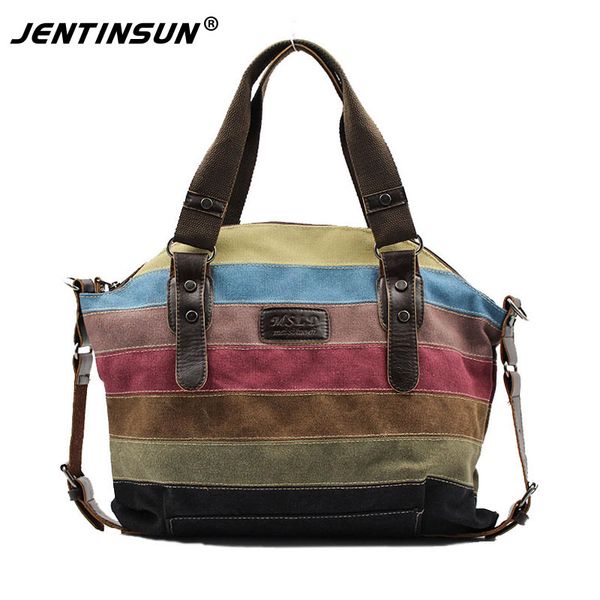

wholesale- 2016 retro women canvas bag splicing rainbow striped shoulder diagonal large female tote handbags lady