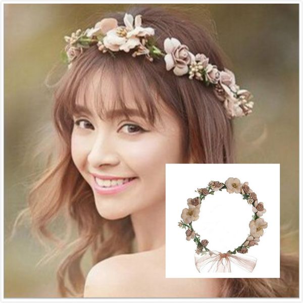 

pretty bridal garland headband flower crown hair wreath halo with adjustable ribbon for wedding festivals bridal hair accessories, Slivery;golden