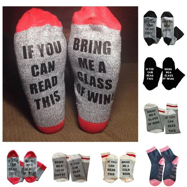 

1pair=2pcs 18 colors humor words printed socks if you can read this bring me a glass of wine cotton casual socks socks, Black;white