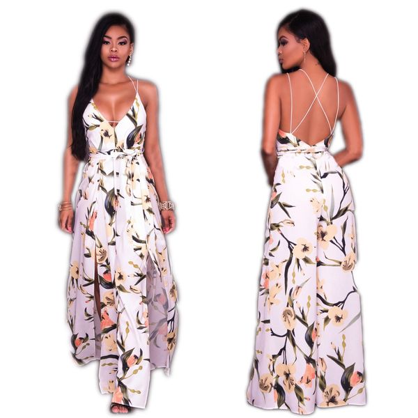 

women fashion maxi long dress high split evening party spaghetti strap summer printed beach backless cross sundresses vestidos, Black;gray