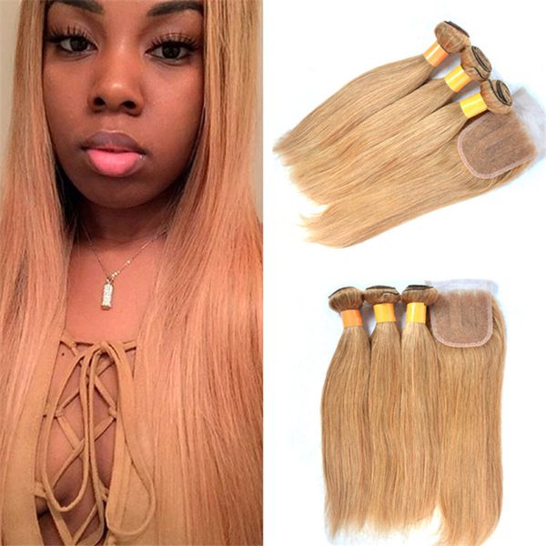 Strawberry Blonde 4 4 Lace Closure With Straight Hair Bundles 27