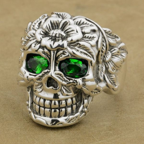 

linsion 925 sterling silver flower skull green cz eyes mens biker punk ring 9w305, Golden;silver