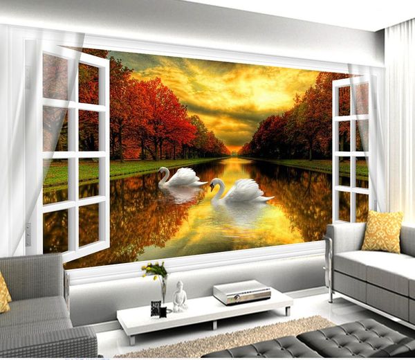 Luxus-europäische moderne weiße Fenster Sonnenuntergang Herbst See See Schwäne Schönheit Hintergrund 3D Wand