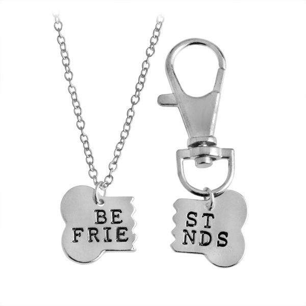 

2pcs/set friends dog bone bff pendant necklaces & keychain key chain keyring gold silver tag gift for friends wholesale