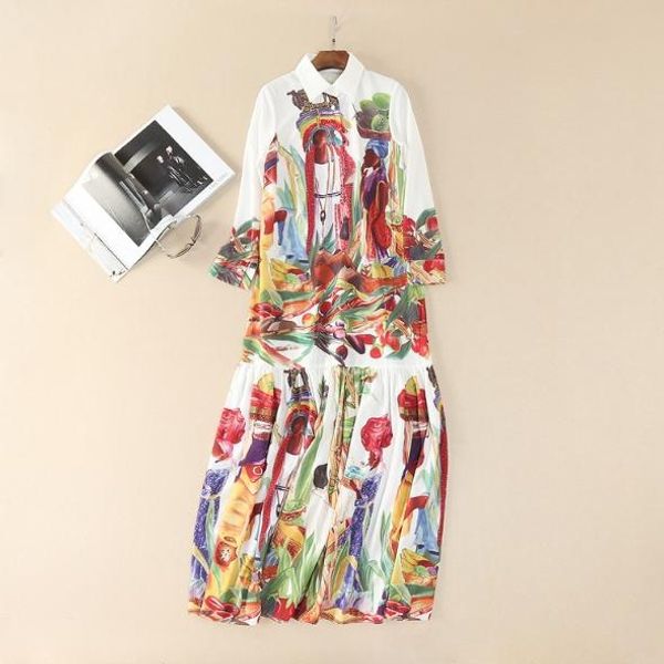 

the new europe and the united states women's 2017 spring retro characters printed lapel long sleeve runway looks long dress, Black