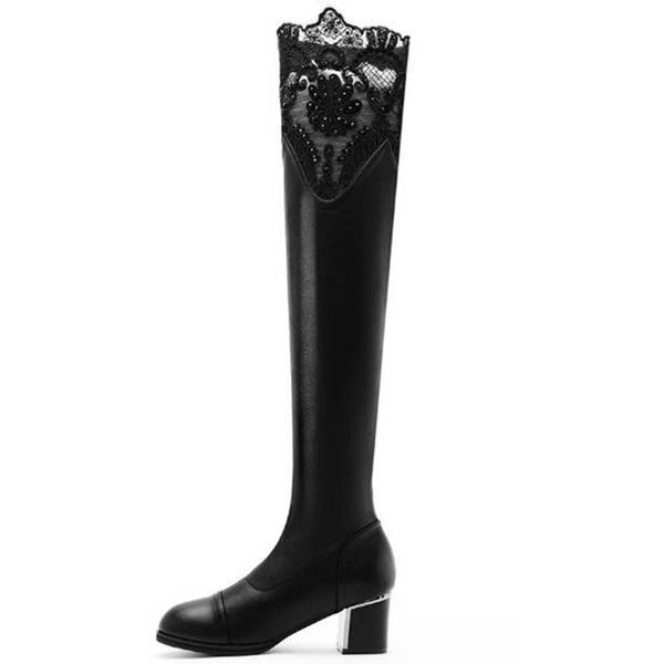 

women black lace knee boots ladies elegant genuine leather tall shoes cowskin female knight boots thigh-high ing