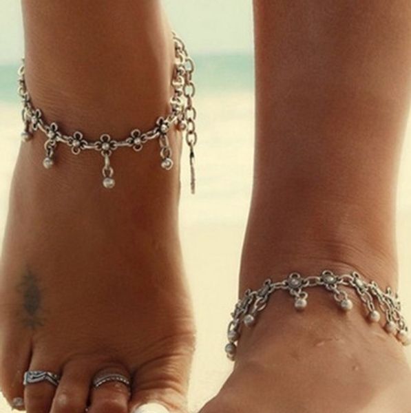 

bohemian ankle bracelets girls/ladies vintage waterdrop antique silver engraved flowers ankle bracelets foot chains barefoot sandals, Red;blue