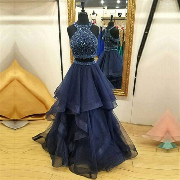 

two-piece modest jewel zipper sleeveless ruffles organza crystals prom dress dark blue ball gowns evening dress vestidos longos para festa, Black