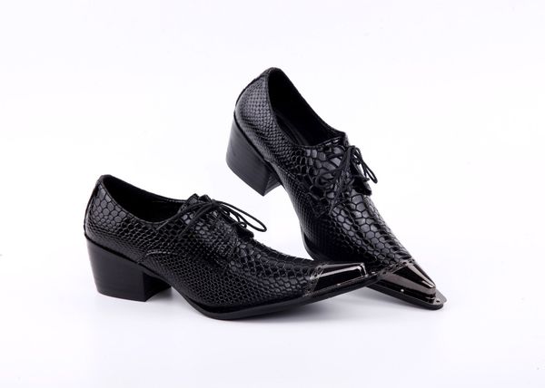 

2017 new handmade pointed toe metal tip snakeskin oxford men's high heel dress shoes evenig party wedding shoe size 37-46 us12, Black