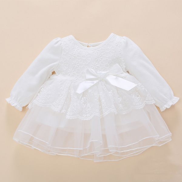 

baby girls hollow out lace dress newborn princess long sleeve white color party bow dress spring fall clothing, Red;yellow